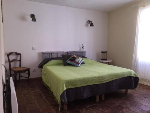 a bedroom with a bed with a green blanket at Le Cocovert du Verdon in Riez