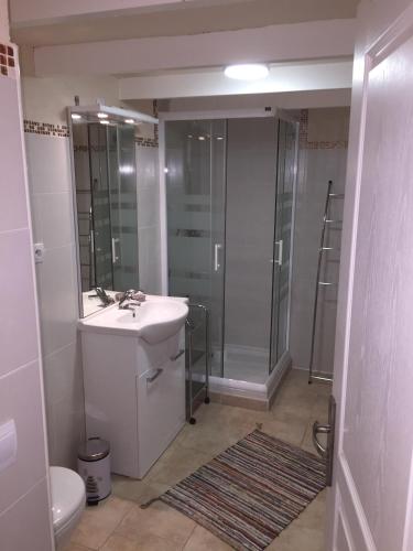 une salle de bain avec toilettes, lavabo et douche dans l'établissement Le Cocovert du Verdon, à Riez