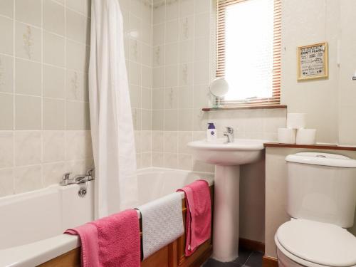 ein Badezimmer mit einem WC, einem Waschbecken und einer Badewanne in der Unterkunft Larchfield Chalet 2 in Auchterneed