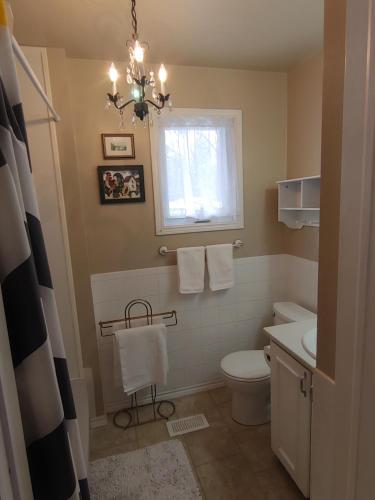 a bathroom with a white toilet and a window at BobcaygeonB&B in Kawartha Lakes