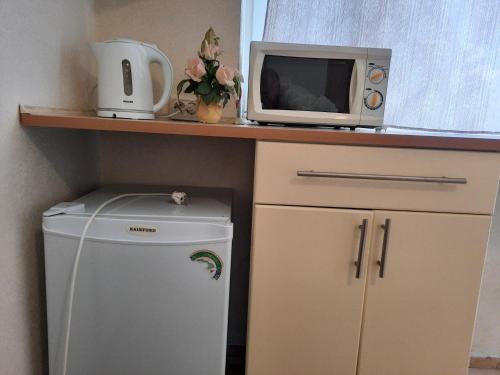 a microwave sitting on top of a counter next to a refrigerator at Villa Blues Guest House in Koktebel