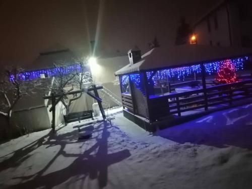 a house covered in christmas lights in the snow at Casa Alex in Topliţa