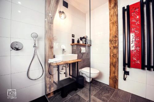 ein Bad mit einem Waschbecken und einem WC in der Unterkunft Laura Resort - Luxury Chalets z jacuzzi in Szaflary