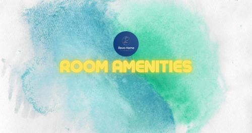a sign that says room amenities in yellow and blue at Revo Home at Pavilion Bukit Jalil in Kuala Lumpur
