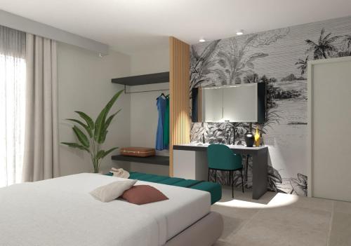1 dormitorio con cama, escritorio y mesa en Marty Luxury B&B, en Calatabiano