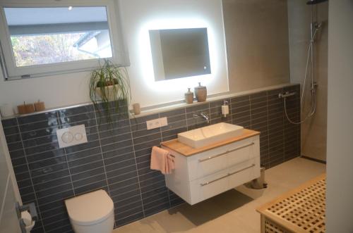 a bathroom with a sink and a mirror at The view in Ilsfeld