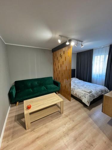 a bedroom with a green couch and a bed at RCC 4 STUDIO in Focşani