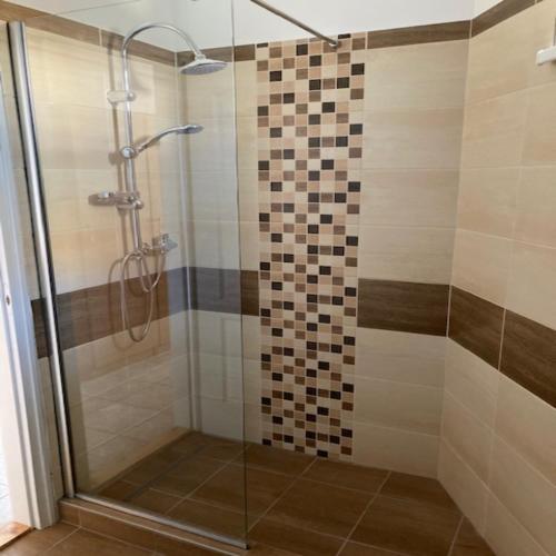 eine Dusche mit einer Glastür und einer gefliesten Wand in der Unterkunft Pegazus Vendégház in Hajdúszoboszló