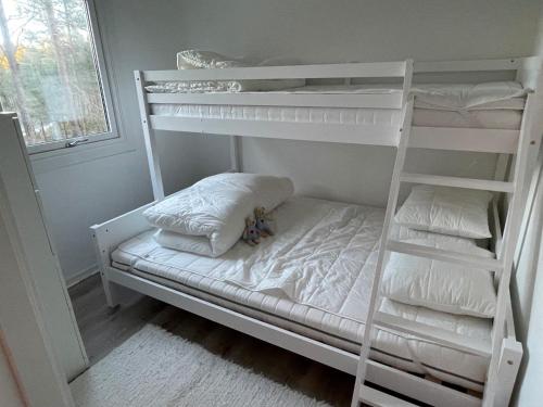 1 Schlafzimmer mit 2 Etagenbetten und 1 Bett mit Kissen in der Unterkunft Asserbostugan in Överlida