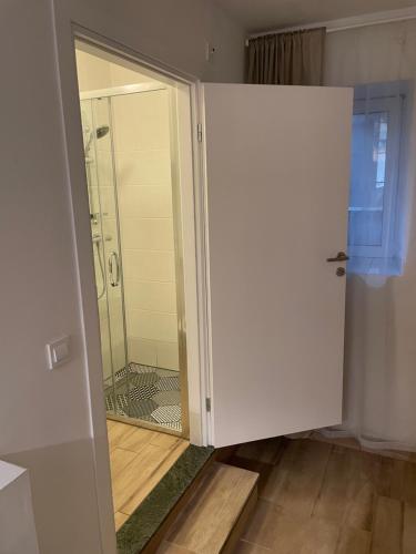 a sliding glass door with a shower in a room at Nine Sveti Juraj in Sveti Juraj