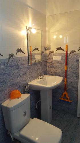 a bathroom with a toilet and a sink and a mirror at Anura Home Stay in Kalutara