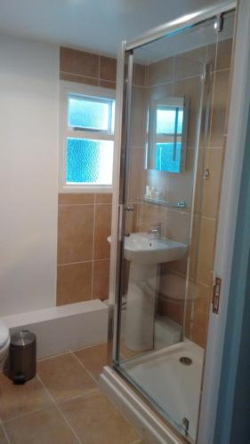 a bathroom with a shower and a sink at Dragon Inn in Crickhowell