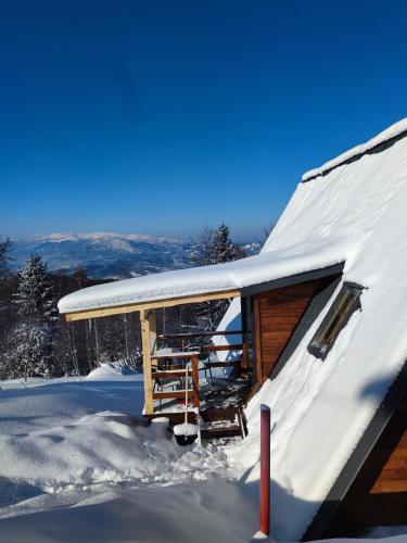 a cabin with a snow covered roof in the snow at Triangle House Parang in Petroşani