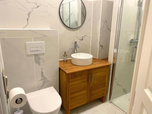 une salle de bain avec un lavabo, des toilettes et un miroir dans l'établissement My Trip in Paris - Temple, à Paris