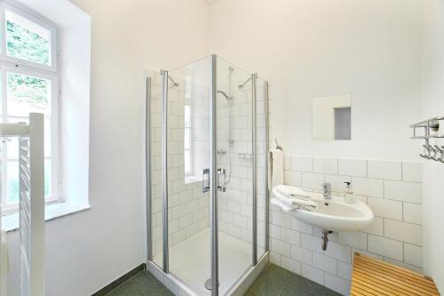 La salle de bains est pourvue d'une douche en verre et d'un lavabo. dans l'établissement Quellenhof - Wohnen im Denkmal - Wohnung "Hirtenturm", à Blankenheim