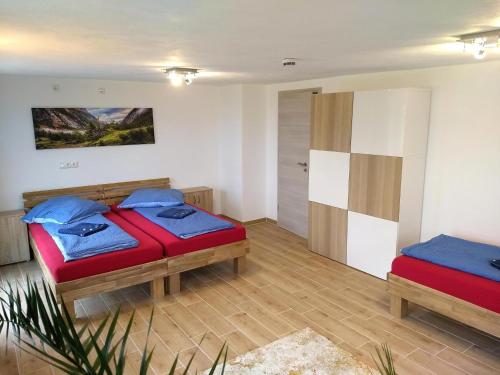 a bedroom with two beds and a closet at Landhaus am Schindelberglift in Oberstaufen