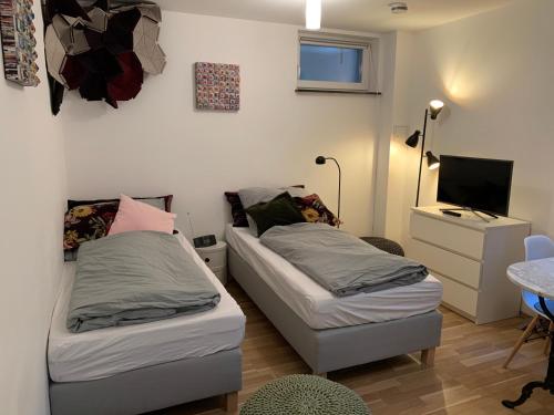 een slaapkamer met 2 bedden en een televisie. bij Helle Souterrainwohnung mit Komfort in München