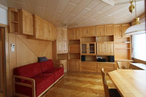salon z czerwoną kanapą i drewnianymi szafkami w obiekcie Vintage Apartment w Grazu