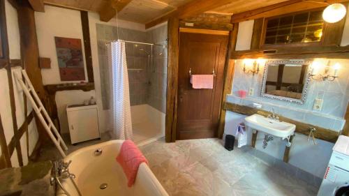 a bathroom with a bath tub and a sink at Ferienwohnung Kunstscheune Mosel in Raversbeuren