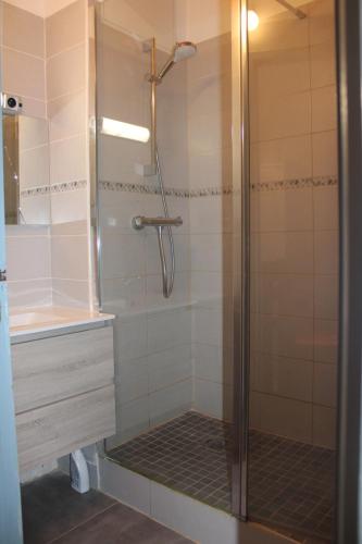 una ducha con puerta de cristal en un baño en patio seignosse plage 6 couchages, en Seignosse
