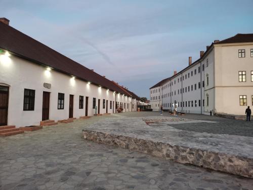 an empty street in a city with buildings at Spiegel Center in Oradea