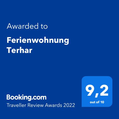a screenshot of a phone with the text awarded to feathergiving terrier at Ferienwohnung Terhar in Viereth-Trunstadt
