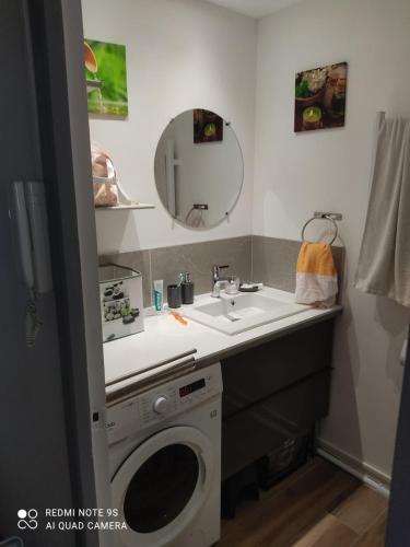 une salle de bain avec une machine à laver et un lavabo dans l'établissement Le Cap Marina, au Cap d'Agde