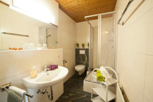 a bathroom with a sink and a shower and a toilet at Appartement Philips in Flachau