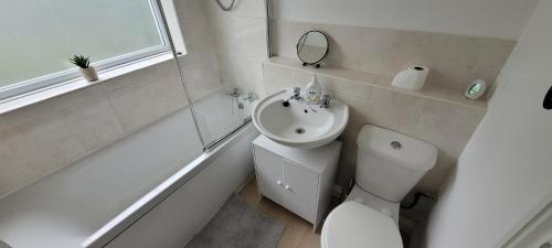 bagno con servizi igienici, lavandino e specchio di The Hillside Apartment - King's Norton Birmingham a Kings Norton