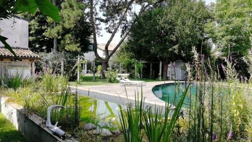 una piscina en un patio con árboles y plantas en B&B Le Tortore, en Melara