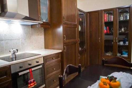 kuchnia ze zlewem i kuchenką górny piekarnik w obiekcie Woods cottage Loutra Pozar Aridaia w mieście Megaplátanos