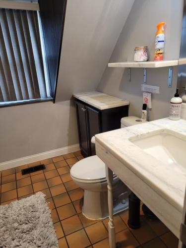 a bathroom with a toilet and a sink at Modern Rustic split level with balcony in Cincinnati