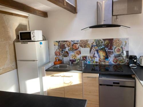 een keuken met een witte koelkast en een wastafel bij Pélissanne, superbe appartement entièrement rénové in Pélissanne