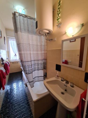 a bathroom with a sink and a shower curtain at Casa dell amore 2 in Sanremo