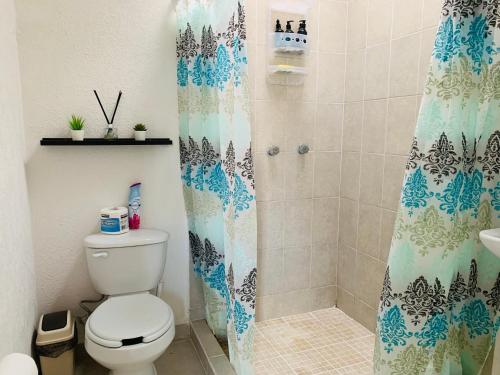 a bathroom with a shower curtain and a toilet at Franks House "Shared House" Apartment in Cancún