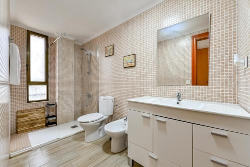ein Bad mit einem Waschbecken, einem WC und einer Dusche in der Unterkunft Apartamento "Casa Auri" con Piscina, Wi-fi y Parking Gratis in Calpe