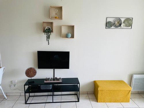 ein Wohnzimmer mit einem TV und einem Couchtisch in der Unterkunft Spacieux studio sans vis à vis in Chelles