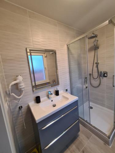 ein Bad mit einem Waschbecken und einer Dusche mit einem Spiegel in der Unterkunft Sonnenhof Bad Salzuflen in Bad Salzuflen