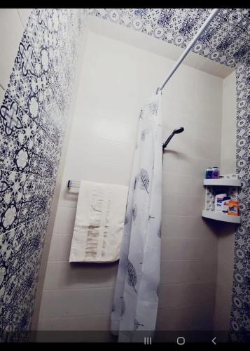 a bathroom with a shower with a shower curtain at Villa Overlooking Beach - Private Swimming Pool! in Tangier