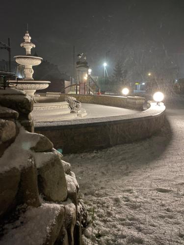 a park with a fountain in the snow at night at Готель-ресторан Два Леви in Slavske