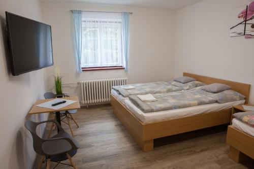 Schlafzimmer mit einem Bett, einem Schreibtisch und einem TV in der Unterkunft Lidový dům Halenkov in Halenkov