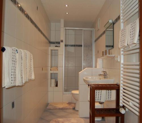 a bathroom with a sink and a toilet and a shower at Ferienwohnung Marketa in Bayerisch Eisenstein