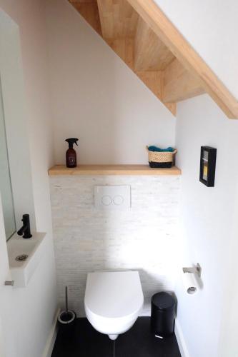 a bathroom with a white toilet in a attic at Ons Maashuisje in Maaseik