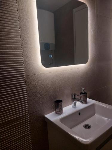 a bathroom with a sink and a mirror at Aria Apartmani in Podgorica