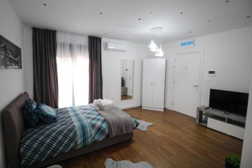 a bedroom with a bed and a flat screen tv at Aria Apartmani in Podgorica