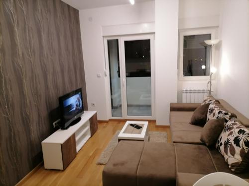 uma sala de estar com um sofá e uma televisão em APARTMAN ANA em Niš