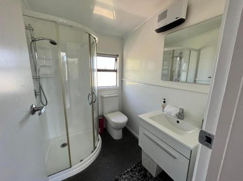 een badkamer met een douche, een toilet en een wastafel bij Opera House Beside the Lake in Lake Tekapo