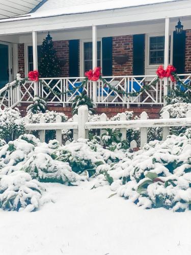a house covered in snow with a fence and flowers at Colonial Gardens B & B in Williamsburg