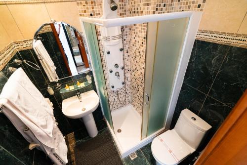 a small bathroom with a toilet and a sink at Villa Edelweiss in Sveti Stefan