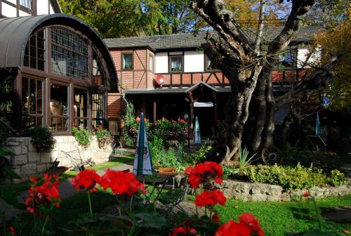 a house with a yard with red flowers and a umbrella at Braugasthof Papiermühle in Jena